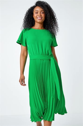 Green Petite Plain Pleated Skirt Midi Dress