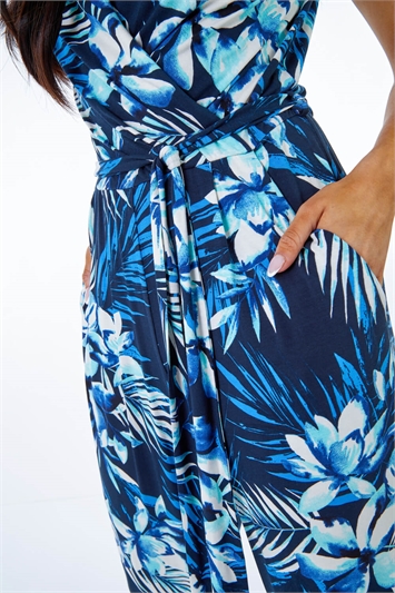 Blue Petite Tropical Print Tie Waist Jersey Jumpsuit, Image 5 of 5