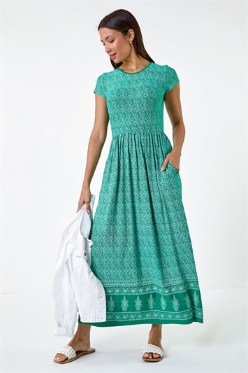 Green Paisley Relaxed Stretch Maxi Dress