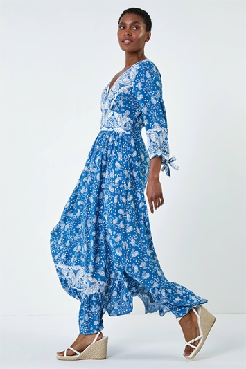 Blue Paisley Print Frill Hem Maxi Dress