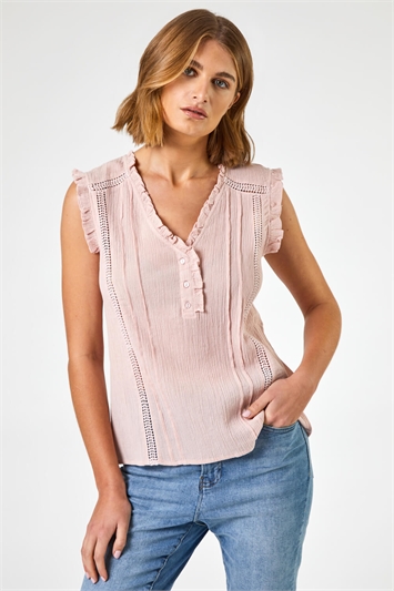 Light Pink Ruffle Detail Cotton Crinkle Top, Image 1 of 5