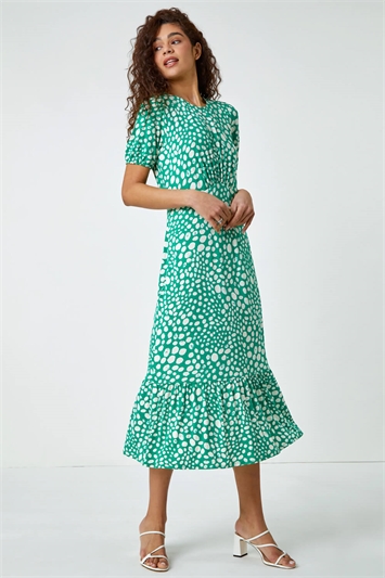 Green Pebble Print Frill Hem Midi Dress