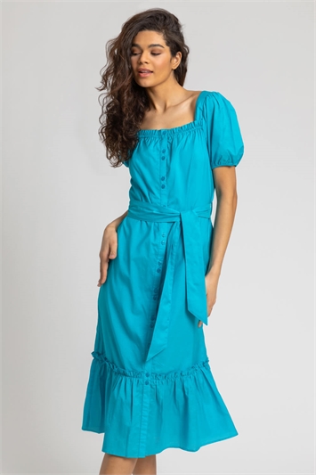 Turquoise Puff Sleeve Button Through Midi Dress, Image 5 of 5