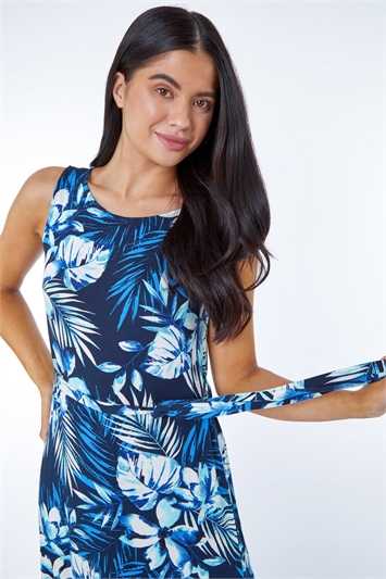 Blue Petite Tropical Print Stretch Jersey Column Dress, Image 4 of 5