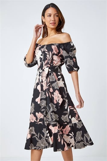 Black Floral Linen Blend Bardot Midi Dress
