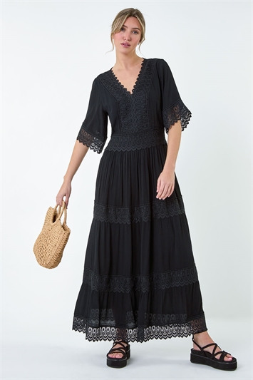 Black Tiered Lace Detail Maxi Dress
