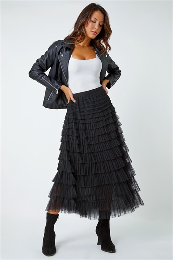 Black Elasticated Mesh Tiered Ruffle Skirt