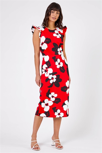 Red Floral Frill Sleeve Midi Dress, Image 3 of 4