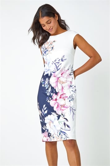 Blue Floral Print Premium Stretch Shift Dress