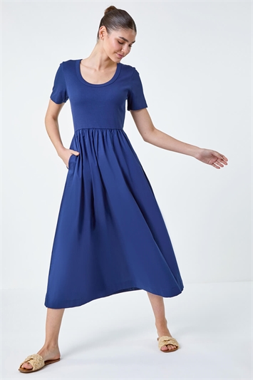 Blue Cotton Stretch Jersey Mix Midi Dress