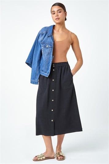 Black Petite Linen Blend Button Midi Skirt