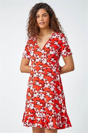Red Floral Print Wrap Stretch Dress