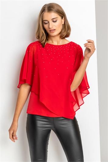 Red Embellished Chiffon Overlay Top