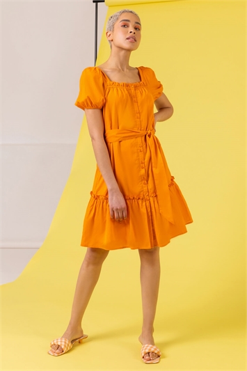 Orange Puff Sleeve Tiered Square Neck Dress, Image 3 of 5