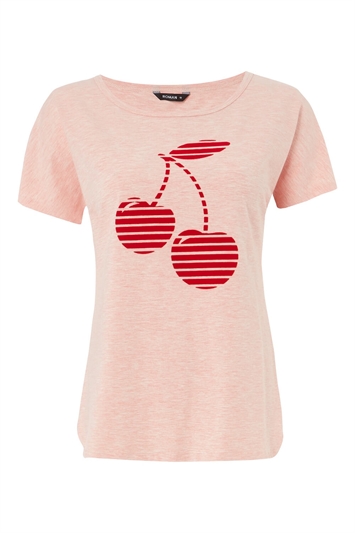 Textured Cherry Print Jersey T-Shirt in Pink - Roman Originals UK