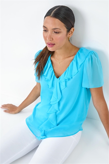 Blue Crinkle Textured Frill Detail Top
