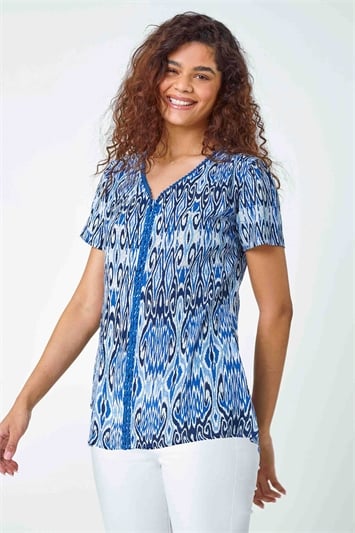 Blue Aztec Print Bobble Trim V-Neck T-Shirt