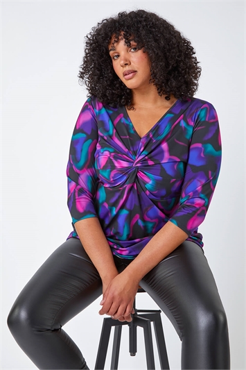 Purple Curve Abstract Twist Front Stretch Top