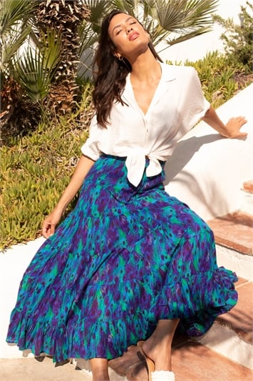 Blue Feather Print Tiered Cotton Maxi Skirt