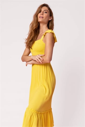Yellow Shirred Bodice Frill Detail Midi Dress, Image 1 of 4