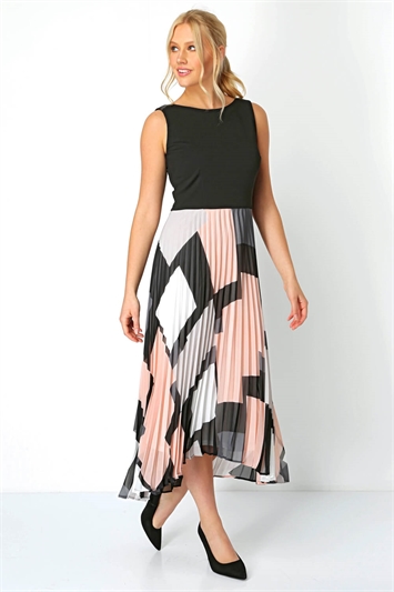 Black Fit And Flare Pleated Midi Dress, Image 1 of 5