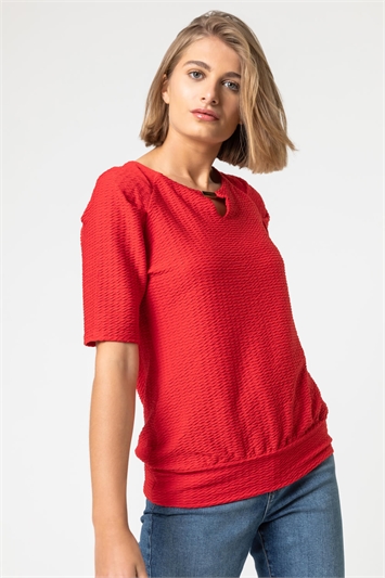 Red Keyhole Neck Textured Top