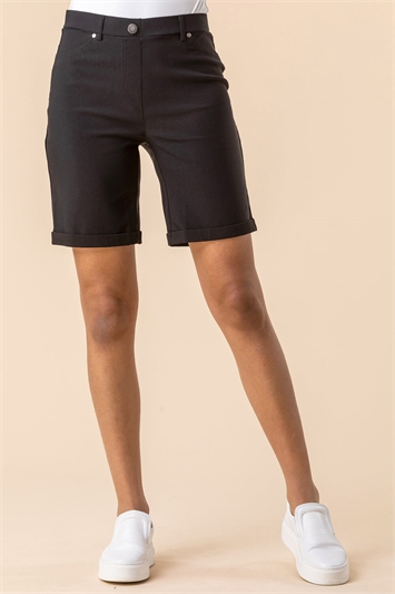 Black Turned Hem Stretch Shorts, Image 2 of 5