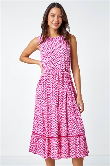 Pink Sleeveless Spot Print Midi Dress