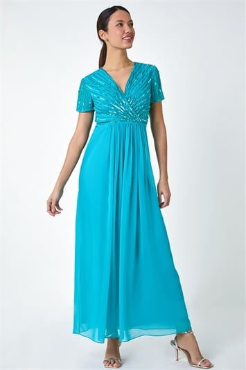 Blue Sequin Embellished Maxi Dress