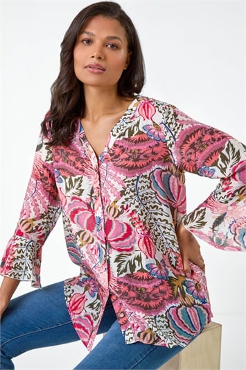 Pink Abstract Floral Print Frill Sleeve Top
