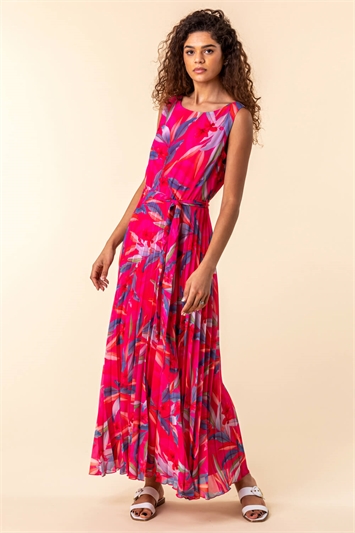 Red Tropical Print Pleated Maxi Dress, Image 3 of 4