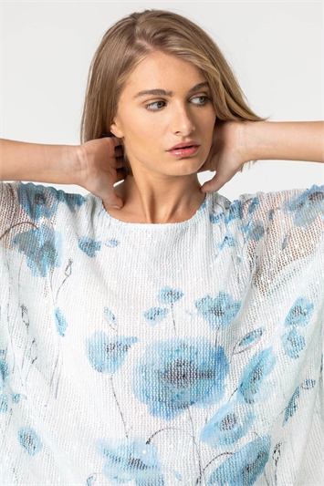 Blue Mesh Overlay Floral Print Top, Image 4 of 4