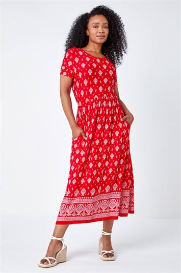 Red Petite Border Print Stretch Midi Dress