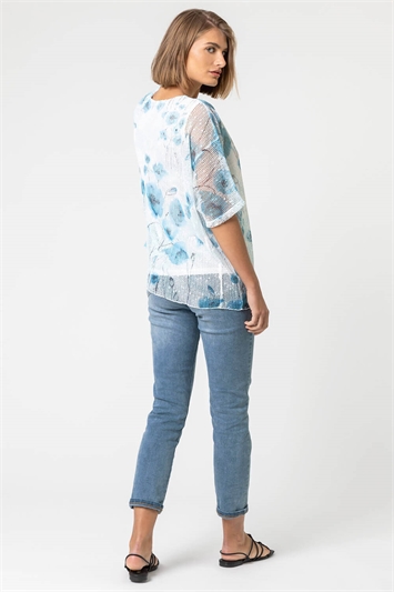 Blue Mesh Overlay Floral Print Top, Image 2 of 4