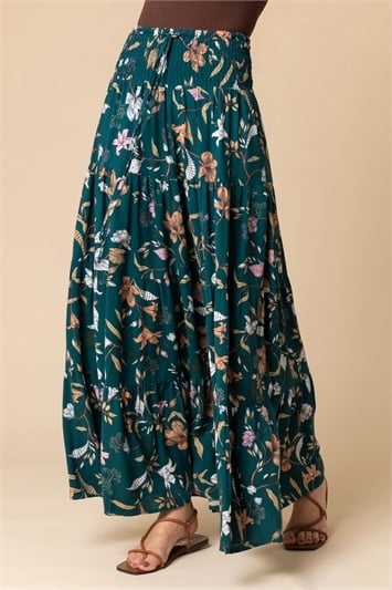 Teal Floral Shirred Waist Maxi Skirt