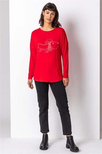 Red Christmas Dog Motif Jersey Top, Image 3 of 4
