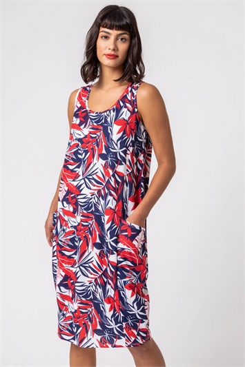 Navy Tropical Leaf Print Slouch Pocket Dress, Image 5 of 5