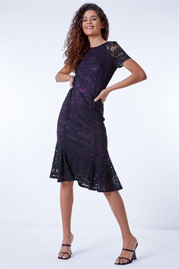 Purple Flute Hem Lace Midi Dress