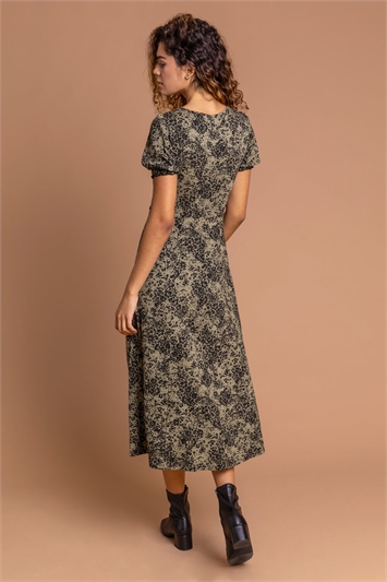 Khaki Ditsy Floral Jersey Midi Dress, Image 2 of 5