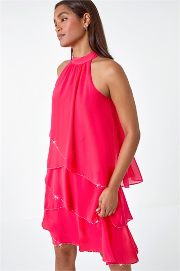 Pink Sequin Trim Tiered Halterneck Dress