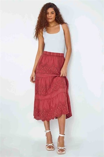 Red Broderie Elastic Waist A Line Tiered Midi Skirt