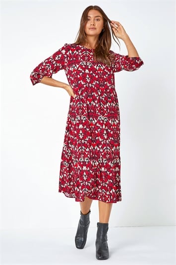 Red Abstract Print Tiered Smock Midi Dress