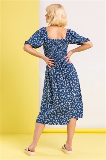 Blue Ditsy Floral Shirred Midi Dress, Image 2 of 5