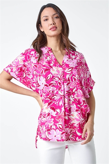 Pink Floral Print V-Neck Pleat Front Overshirt