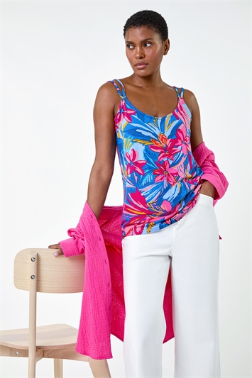 Pink Tropical Floral Strap Detail Cami Top