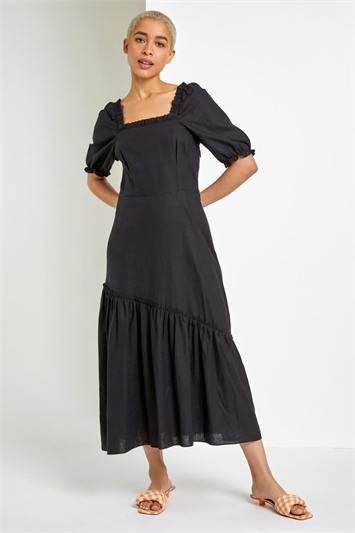 Black Square Neck Asymmetric Tiered Midi Dress, Image 4 of 5