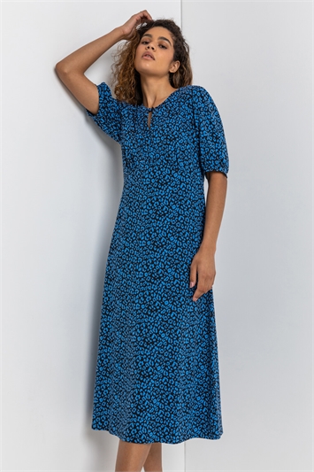 Royal Blue Animal Print Stretch Midi Dress, Image 4 of 5
