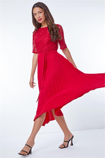 Red Lace Pleated Midi Dress