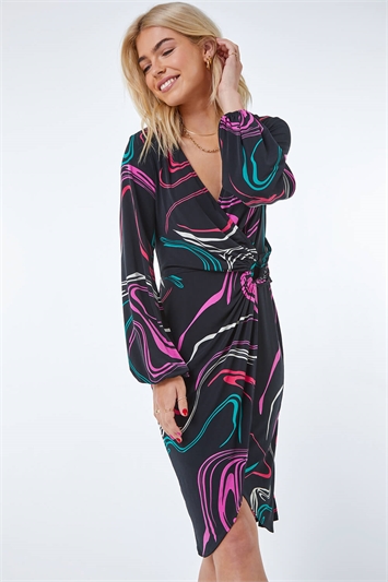 Black Swirl Print Ring Buckle Ruched Wrap Dress