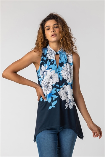Floral Twist Neck Vest Top in Blue - Roman Originals UK